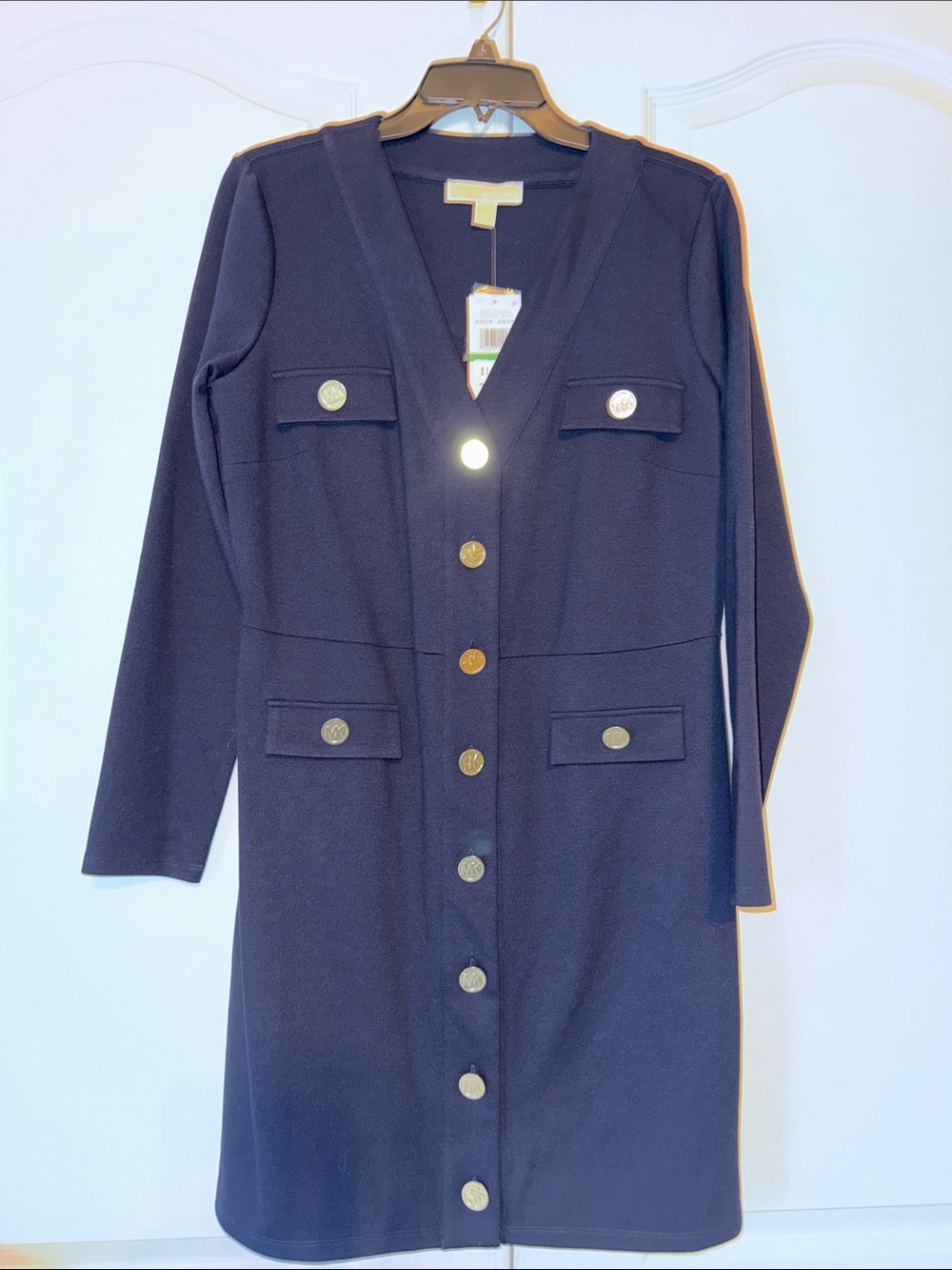 NWT Michael Kors Navy Long Sleeve Knit Dress with Gold Tone logo buttons